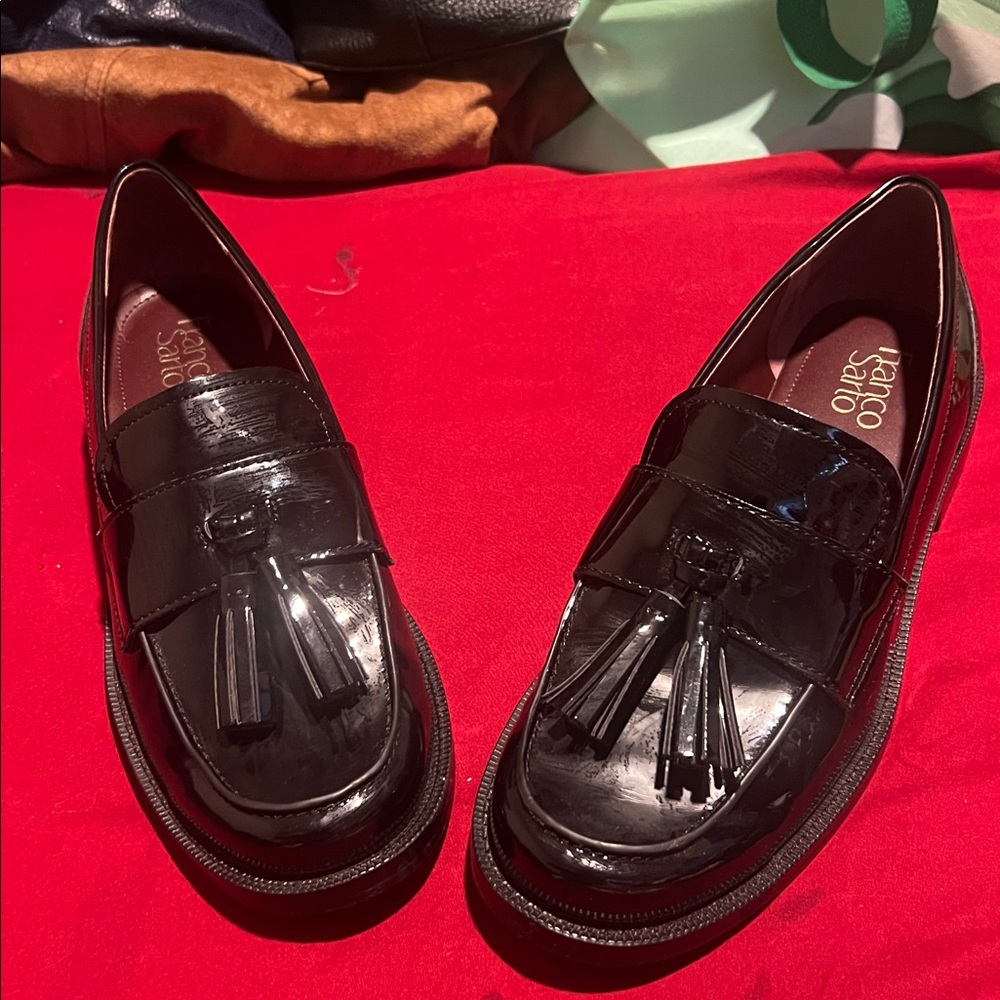 Franco Sarto Glossy Black Tassel Loafers